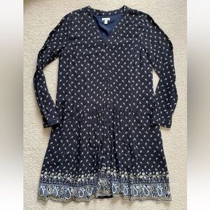 Garnet Hill Drop Waist Shirt Dress 6 Navy Ditzy Floral Long Sleeve Button Office